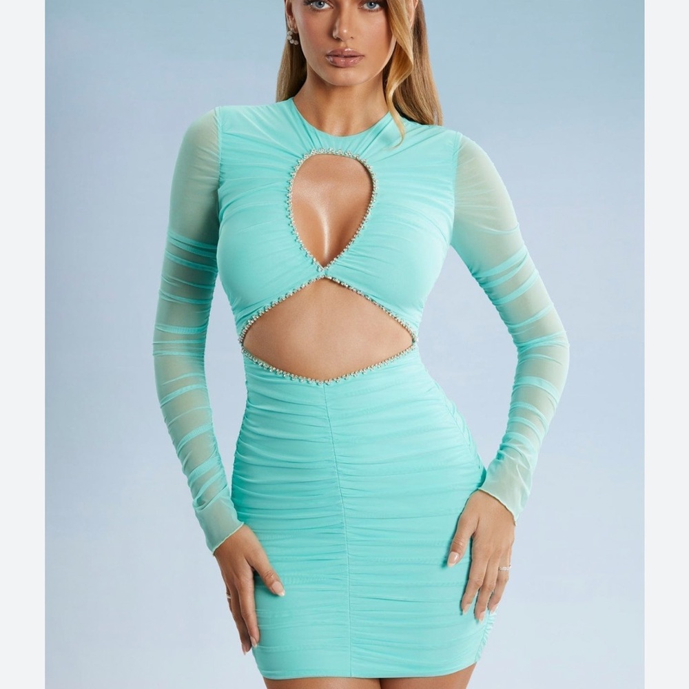 Oh Polly Mint Long Sleeve Cutout Dress